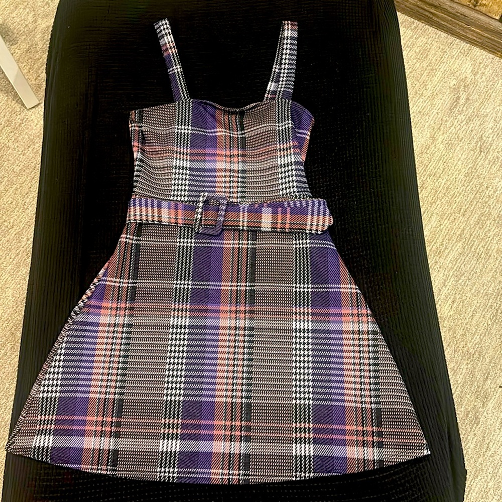 Purple y2k belted plaid mini dress
